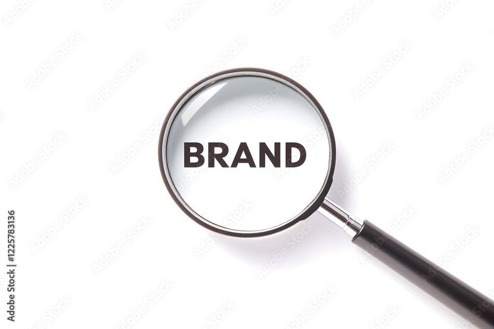 A magnifying glass focuses on the word 'BRAND', highlighting the importance of brand identity and recognition in business and marketing.