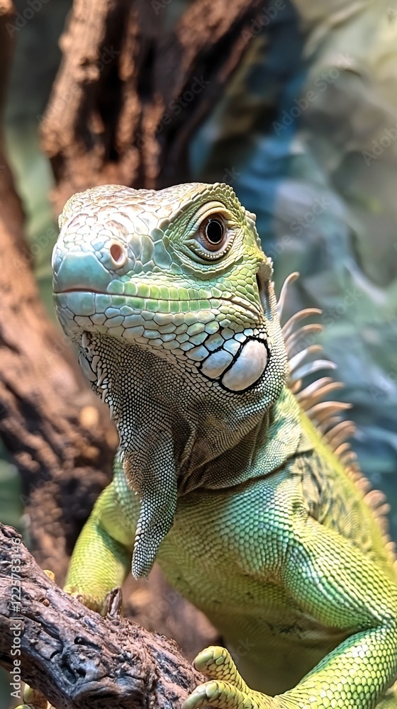 Fototapeta premium HD Phone Wallpaper Green Iguana Reptile Close Up Detailed Texture Vivid Colors Tropical Lizard