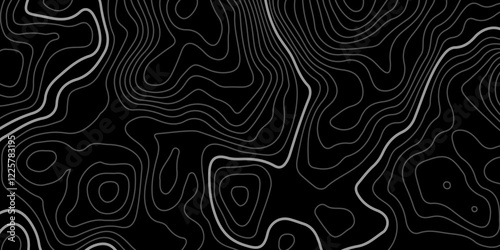 The grey white on black contours vector topography stylized height of the lines. The concept of a conditional geography scheme and the terrain path. Ultra wide. Map vector terrain Illustration.  