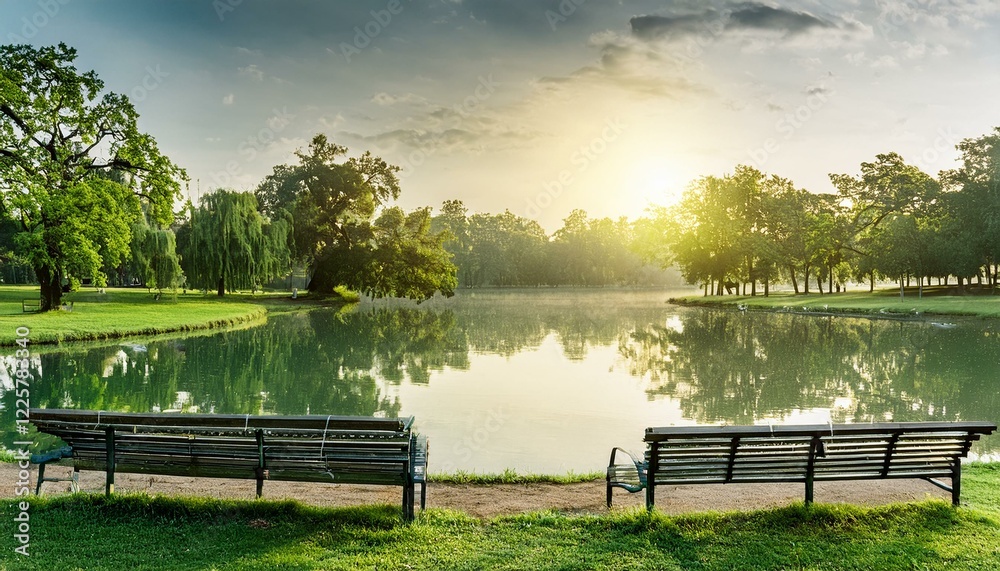 Obraz premium 호수 옆 벤치와 잔디밭이 조화를 이루는 도시 공원 풍경