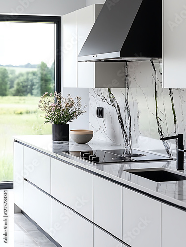 Modern kitchen design showcasing sleek white cabinetry, a black range hood, and a stunning marble backsplash.  A tranquil view adds a touch of serenity. photo