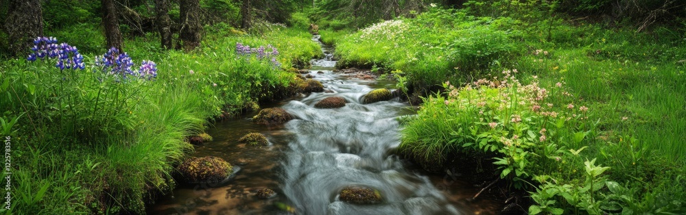 A tranquil stream winds through a verdant forest, with colorful wildflowers blooming alongside rocky banks, creating a picturesque natural oasis in full spring bloom A tranquil stream winds through a verdant forest, with colorful wildflowers blooming alongside rocky banks, creating a picturesque natural oasis in full spring bloom