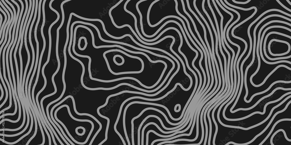 The grey white on black contours vector topography stylized height of the lines. The concept of a conditional geography scheme and the terrain path. Ultra wide. Map vector terrain Illustration. The grey white on black contours vector topography stylized height of the lines. The concept of a conditional geography scheme and the terrain path. Ultra wide. Map vector terrain Illustration.