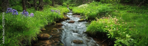 A tranquil stream winds through a verdant forest, with colorful wildflowers blooming alongside rocky banks, creating a picturesque natural oasis in full spring bloom