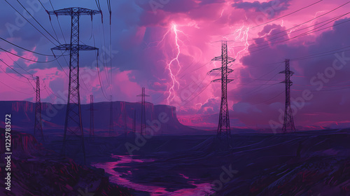 Valley of the gods: a picturesque landscape dominated by an electric web. Electric Valley. Illustration