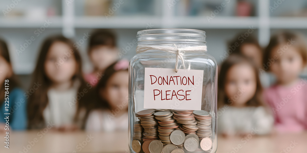 A donation jar filled with coins sits in front of a group of children, a silent appeal for charitable giving. A donation jar filled with coins sits in front of a group of children, a silent appeal for charitable giving.