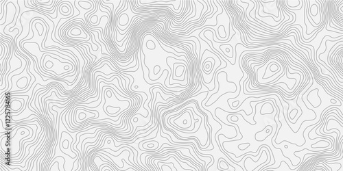 The grey white on black contours vector topography stylized height of the lines. The concept of a conditional geography scheme and the terrain path. Ultra wide. Map vector terrain Illustration.  