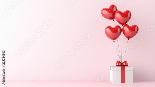 Red heart balloons float above gift, pink background; Valentine's Day greeting card