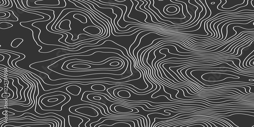 The grey white on black contours vector topography stylized height of the lines. The concept of a conditional geography scheme and the terrain path. Ultra wide. Map vector terrain Illustration.  