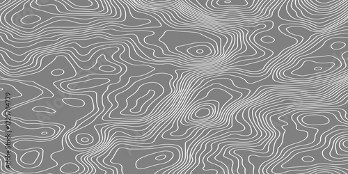 The grey white on black contours vector topography stylized height of the lines. The concept of a conditional geography scheme and the terrain path. Ultra wide. Map vector terrain Illustration.  