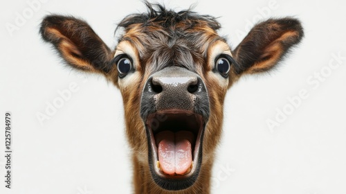 Isolated cow , silly portrait of a mooing cow, screaming mouth open, showing gums, teeth and tongue isolated on white background photo