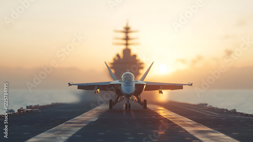 A fighter jet sits poised on the deck of an aircraft carrier as the sun sets on the horizon.  The scene evokes a sense of power and readiness.