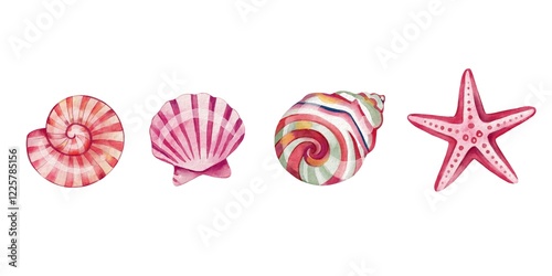 Watercolor hand-painted set of colorful cliparts with shells and starfish 
