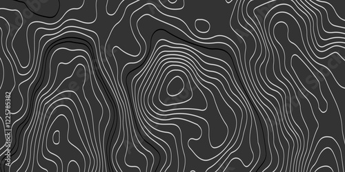 The grey white on black contours vector topography stylized height of the lines. The concept of a conditional geography scheme and the terrain path. Ultra wide. Map vector terrain Illustration.  