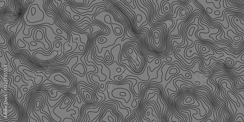 The grey white on black contours vector topography stylized height of the lines. The concept of a conditional geography scheme and the terrain path. Ultra wide. Map vector terrain Illustration.  