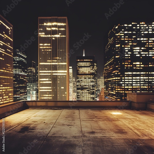 Night Cityscape Rooftop View: Illuminated Skyscrapers at Night