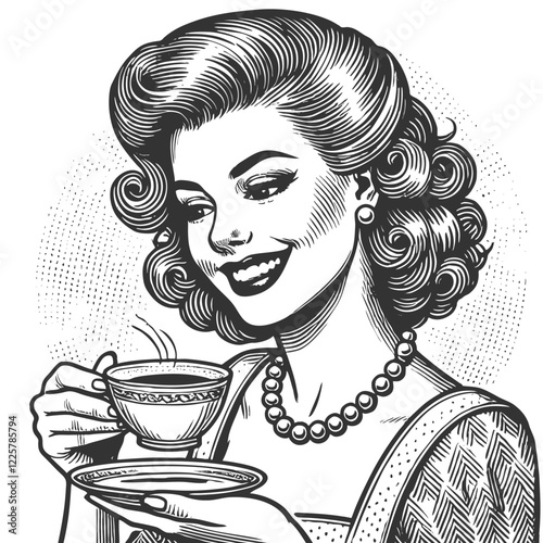 Smiling Retro Woman Drinking Coffee vector