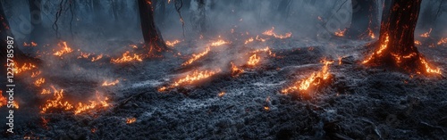 Forest landscape shows smoldering remains of a recent fire, with glowing embers scattered among ash-covered ground and charred trees under a dim, smoky sky