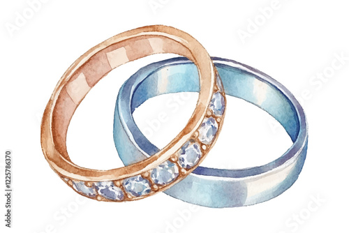Silver and gold wedding rings vector illustration. One for wife or bride and one for husband or groom  engagement or wedding rings in watercolor style. Gold rign with diamonds
