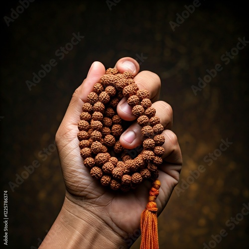 Person holding a rudraksha maala photo