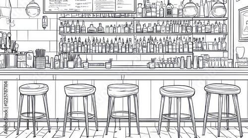 Empty bar interior, sketch style illustration, likely for restaurant design or marketing photo