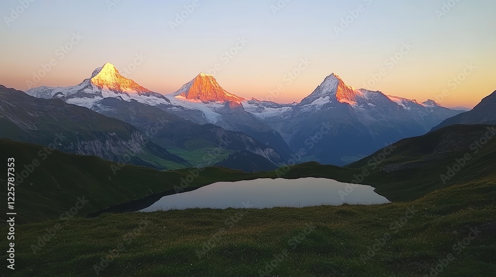 Fototapeta premium Sunrise view on Bernese range above Bachalpsee lake Peaks Eiger Jungfrau Faulhorn in famous location in Switzerland alps Grindelwald valley