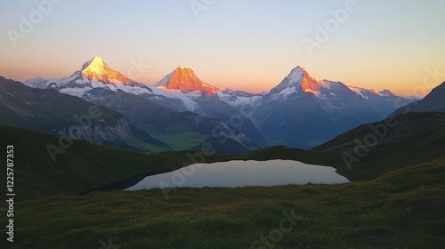 Sunrise view on Bernese range above Bachalpsee lake Peaks Eiger Jungfrau Faulhorn in famous location in Switzerland alps Grindelwald valley photo