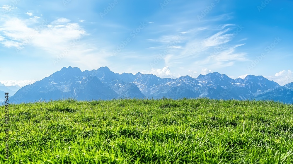 Mountain range vista, green meadow, sunny day, tranquil landscape, idyllic nature scene, perfect for travel brochures Mountain range vista, green meadow, sunny day, tranquil landscape, idyllic nature scene, perfect for travel brochures
