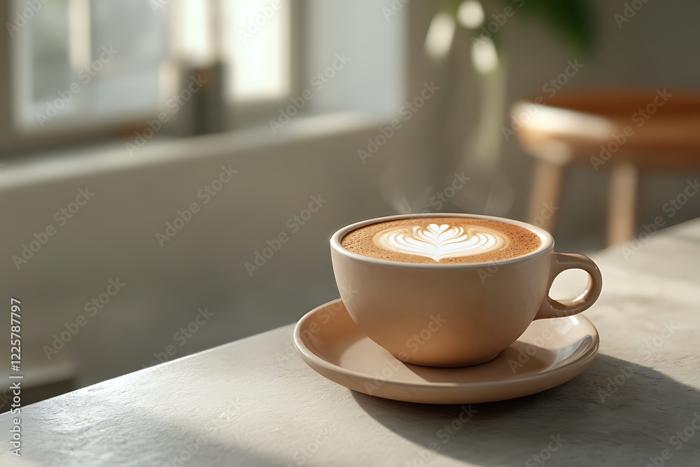 3D rendering of steaming hot cappuccino in ceramic cup 3D rendering of steaming hot cappuccino in ceramic cup