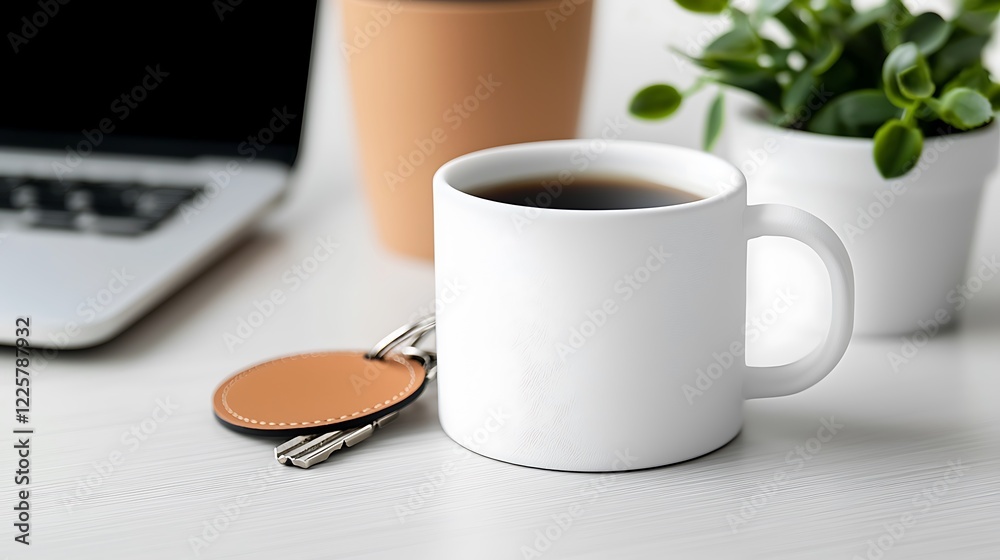White mug of coffee on desk near laptop, keys, and plants. White mug of coffee on desk near laptop, keys, and plants.