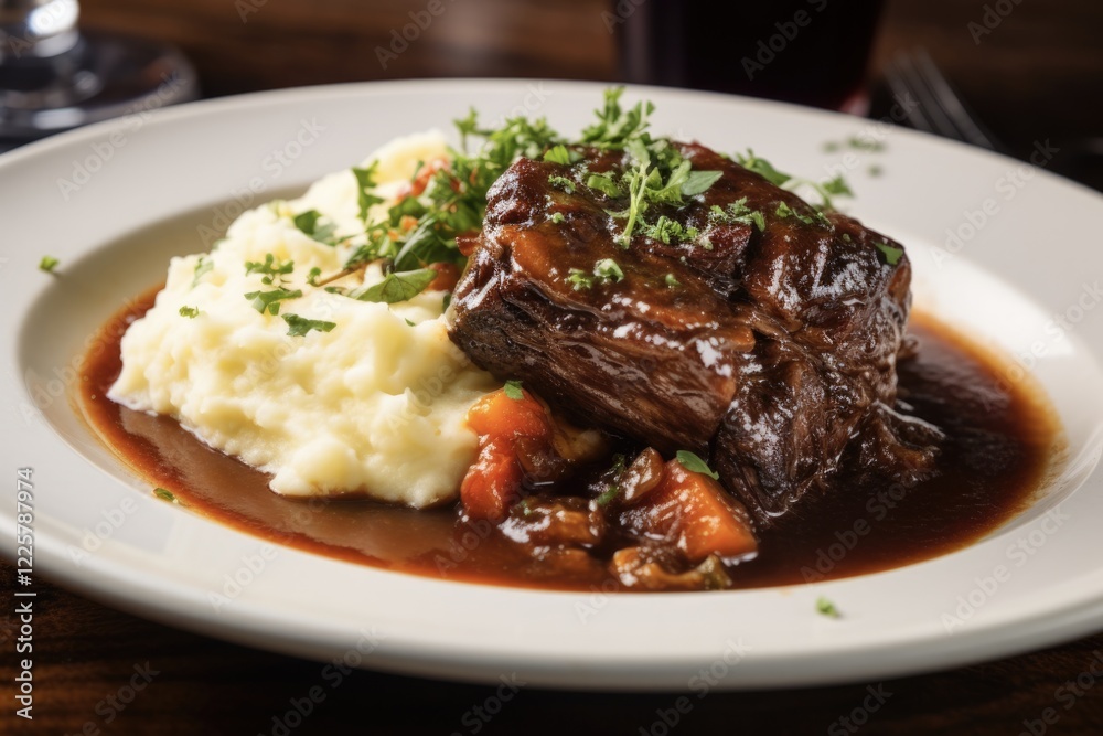 Savory Braised Short Rib with Mashed Potatoes and Gravy Perfectly Plated on a White Dish - A Perfect Dinner Meal Savory Braised Short Rib with Mashed Potatoes and Gravy Perfectly Plated on a White Dish - A Perfect Dinner Meal