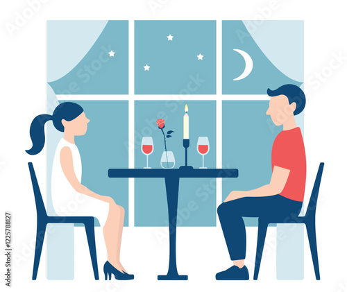 Night date in a restaurant, two young adult people looking at each other at the table with flowers, candle and glasses of red wine