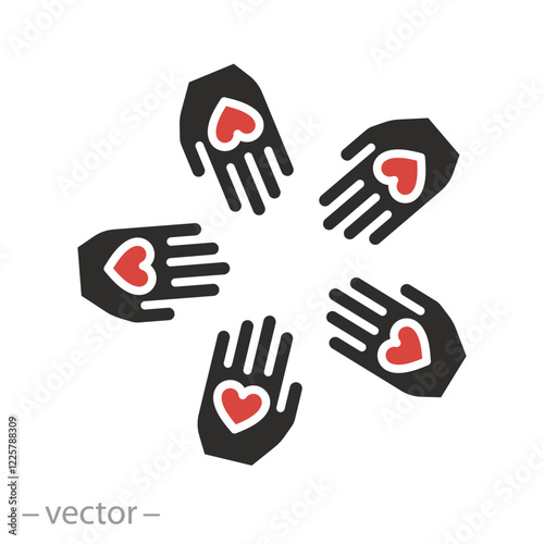 human hand group, hands with hearts icon, flat vector illustration