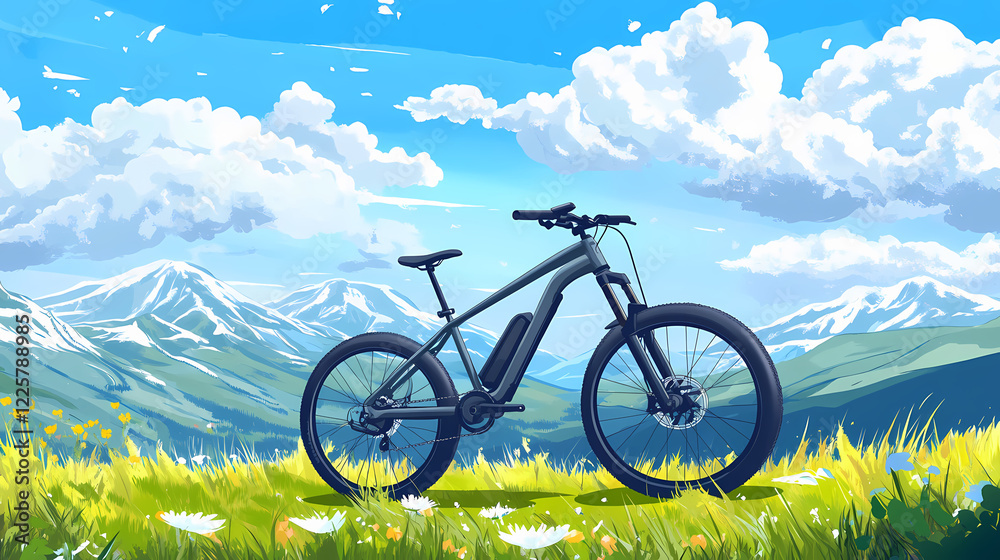Obraz premium A modern, grey electric mountain bike stands on a grassy hilltop, overlooking a valley and snow-capped mountains under a bright blue sky with white clouds. Electric Valley. Illustration