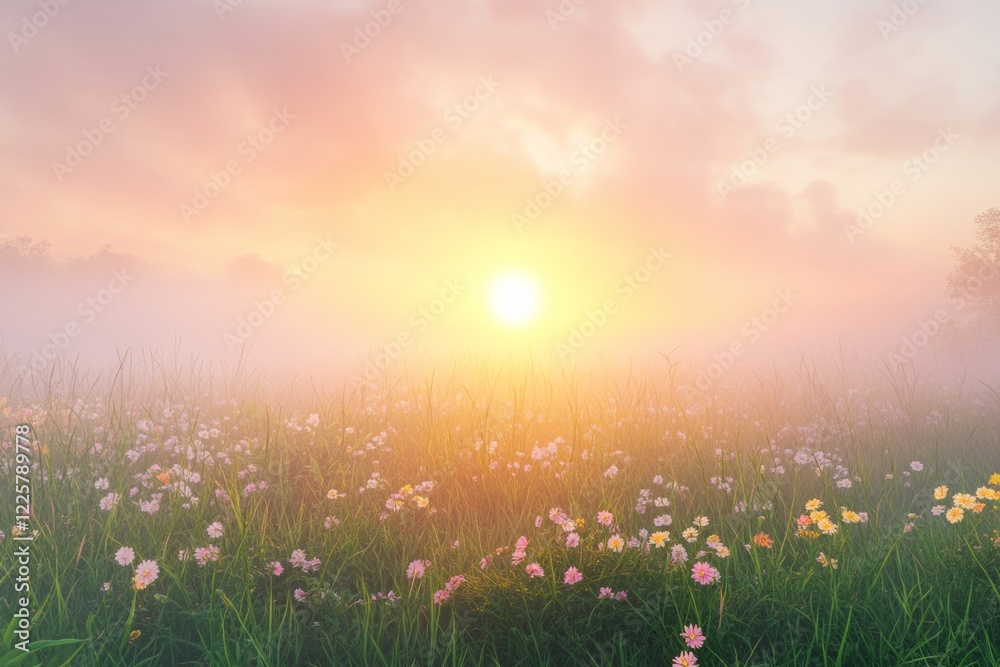 Obraz premium A breathtaking sunrise illuminates a misty spring meadow filled with blooming flowers and lush tall grass. The soft light creates a serene atmosphere in early morning. With copy space for text