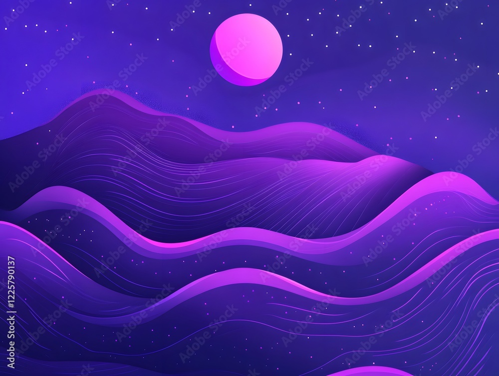 Fototapeta premium Abstract Purple Night Landscape: Wavy Mountains under Pink Moon and Stars