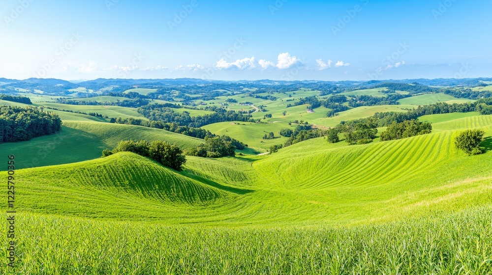 Obraz premium Rolling green hills and agricultural fields stretch across a rural landscape under a bright blue sky.