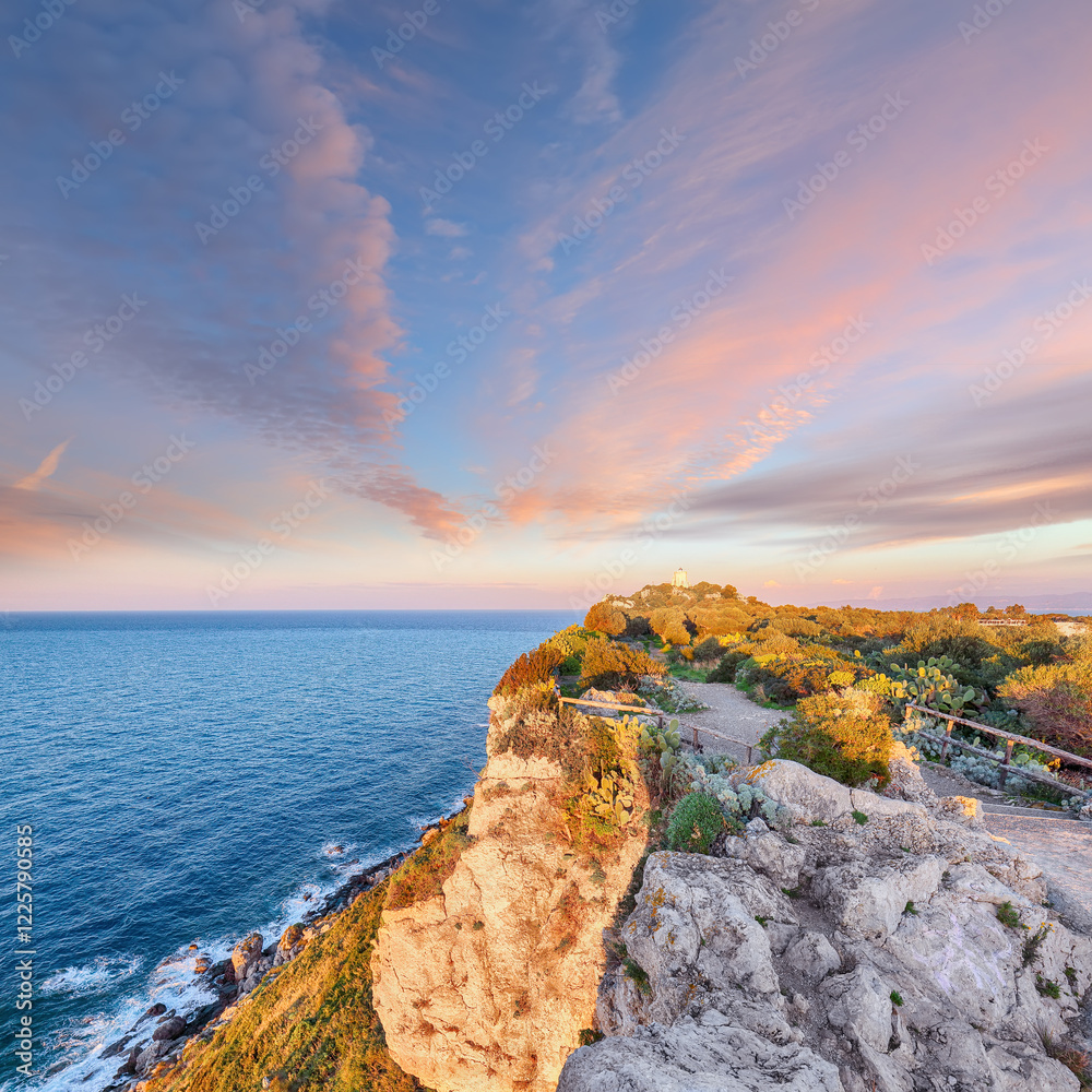 Awesome spring view on the the cape Milazzo panorama of nature reserve.