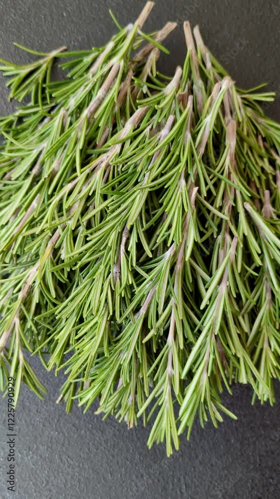 Fresh green rosemary sprigs prepared for cooking, on dark concrete background Fresh green rosemary sprigs prepared for cooking, on dark concrete background