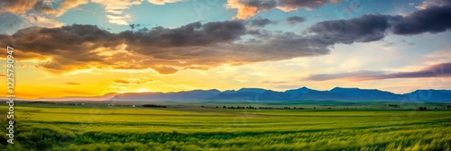 Sunset over Gallatin Valley: A Panoramic Patchwork of Farmland Fields and Foothills in Southwest Montana, with Spanish Peaks and Rocky Mountains in the Background