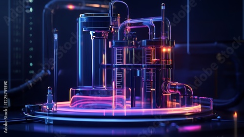 A titrator styled with modular glowing liquid pathways and a futuristic body photo