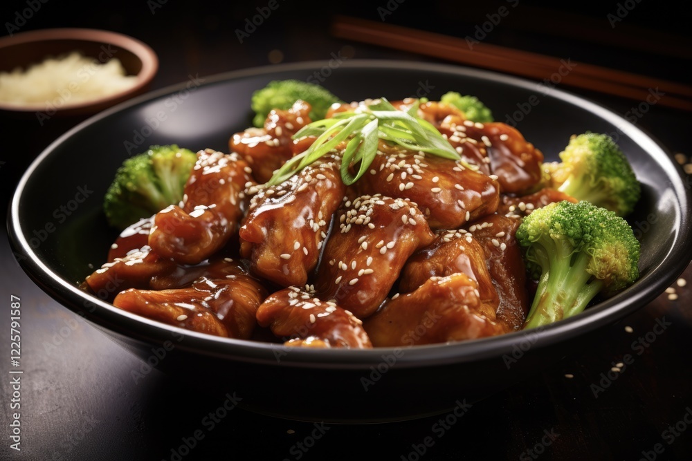 Teriyaki Sauce with Chicken and Broccoli in a Traditional Asian White Bowl on a Background that Celebrates the Flavors of Japan Teriyaki Sauce with Chicken and Broccoli in a Traditional Asian White Bowl on a Background that Celebrates the Flavors of Japan