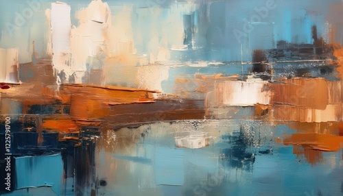 Vibrant Layered Abstract Artwork showcasing Earthy Warmth and Cool Blue Hues, blending Textures and Visuals that evoke a Sense of Inner Peace and Tranquility.