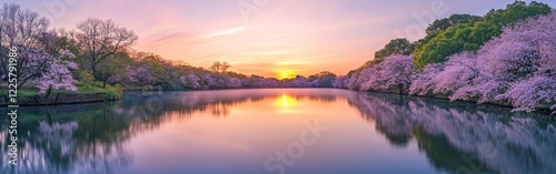Golden sunlight rises over a tranquil river, casting reflections on the calm water. Blooming trees line the banks, adding beauty to the morning atmosphere