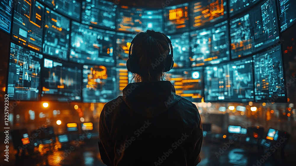 Person monitoring data on multiple screens in a dark environment. Person monitoring data on multiple screens in a dark environment.