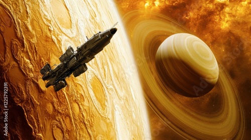 A spaceship docking with a rotating ring station orbiting a gas giant