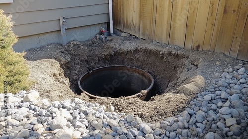 A hole of grease trap underground tank with the drain system around the house