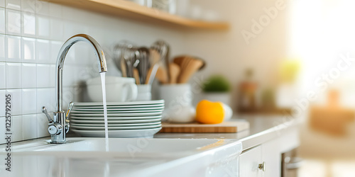 A modern house kitchen with a washstand full of dirty dishes, depicting daily life, household chores, and the need for cleaning and organisation