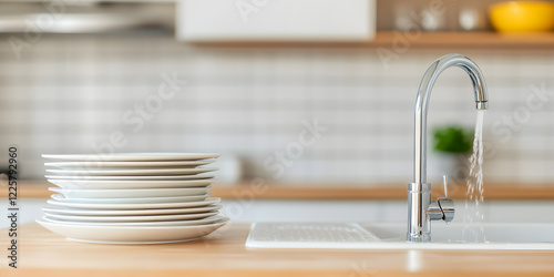A modern house kitchen with a washstand full of dirty dishes, depicting daily life, household chores, and the need for cleaning and organisation