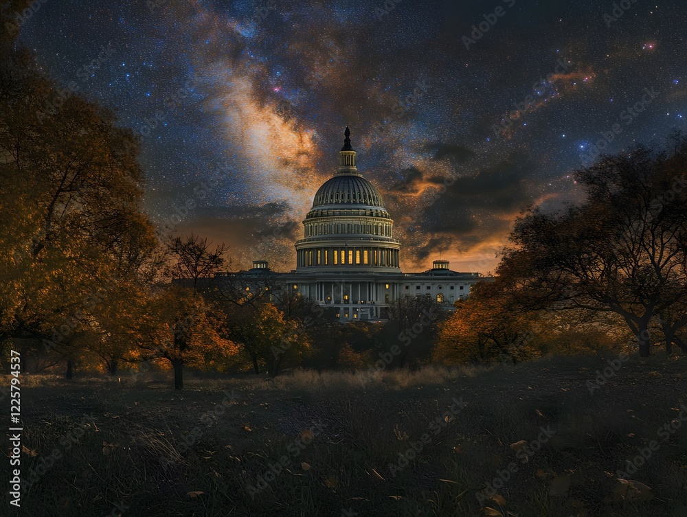 Fototapeta premium US Capitol Building Night Scene under Milky Way Galaxy